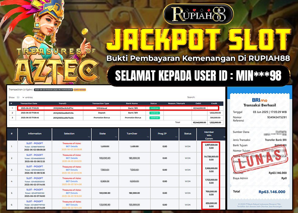 RUPIAH88 JACKPOT SLOT TREASURES OF AZTEC Rp.63.146.000,- LUNAS