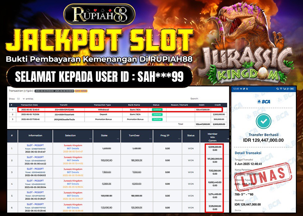 RUPIAH88 JACKPOT SLOT JURASSIC KINGDOM Rp.129.447.000,- LUNAS