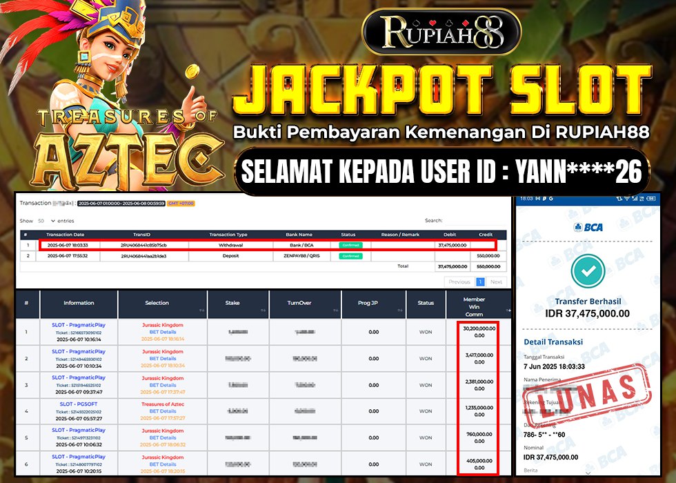 RUPIAH88 JACKPOT SLOT TREASURES OF AZTEC Rp.37.475.000,- LUNAS
