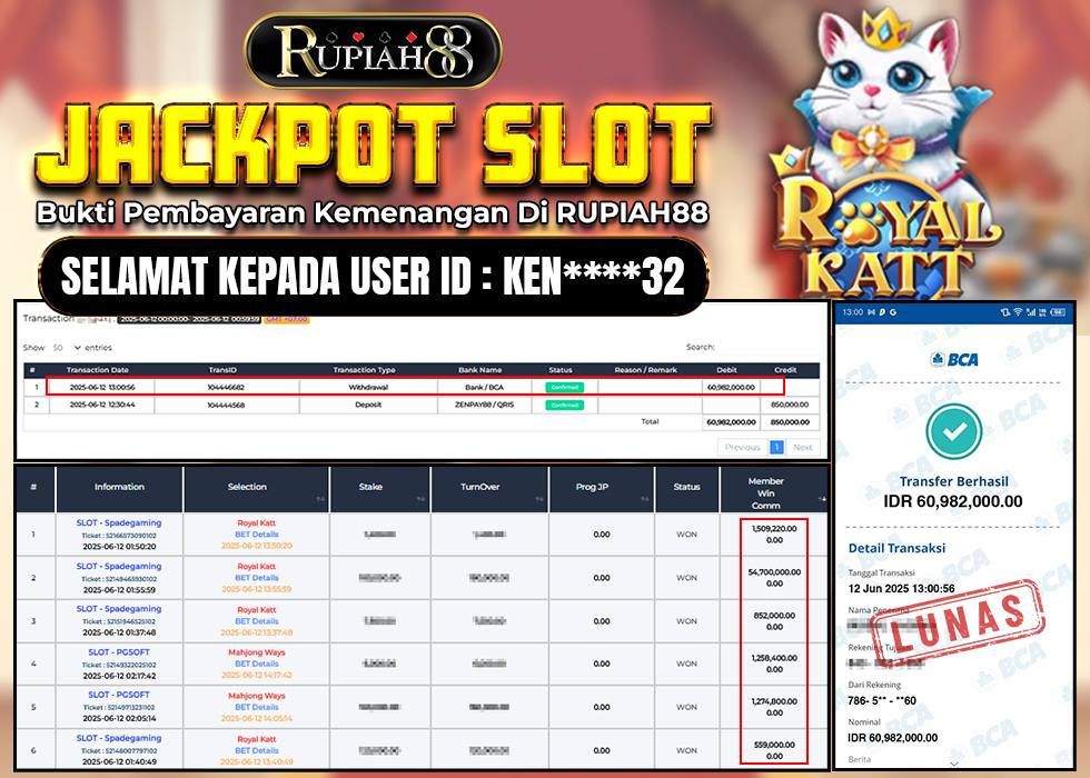 RUPIAH88 JACKPOT SLOT ROYAL KATT Rp.60.982.000,- LUNAS