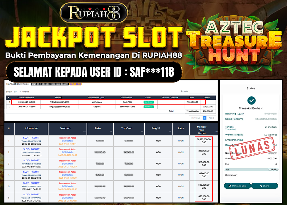 RUPIAH88 JACKPOT SLOT AZTEC TREASURE HUNT Rp.17.100.000,- LUNAS