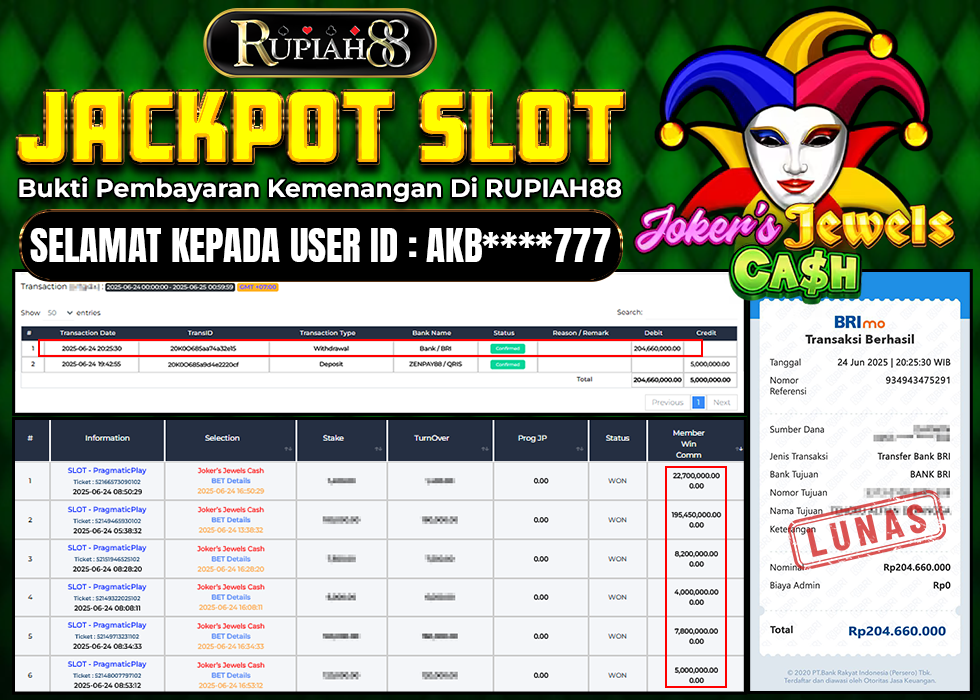 RUPIAH88 JACKPOT SLOT JOKER'S JEWELS CASH Rp.204.660.000,- LUNAS