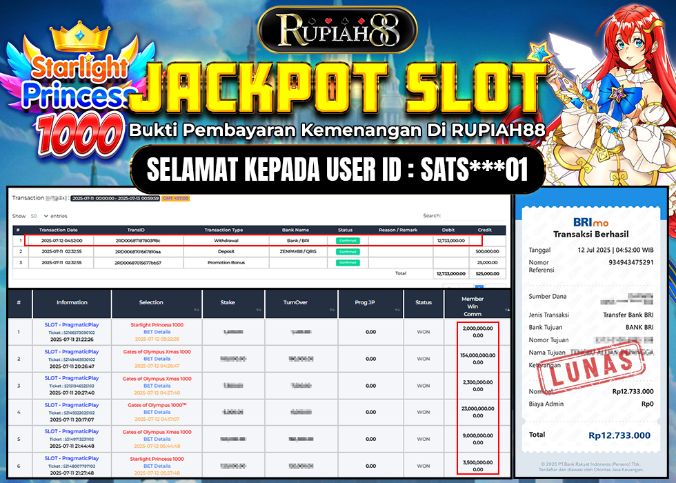 RUPIAH88 JACKPOT SLOT STARLIGHT PRINCESS 1000 Rp.12.733.000,- LUNAS