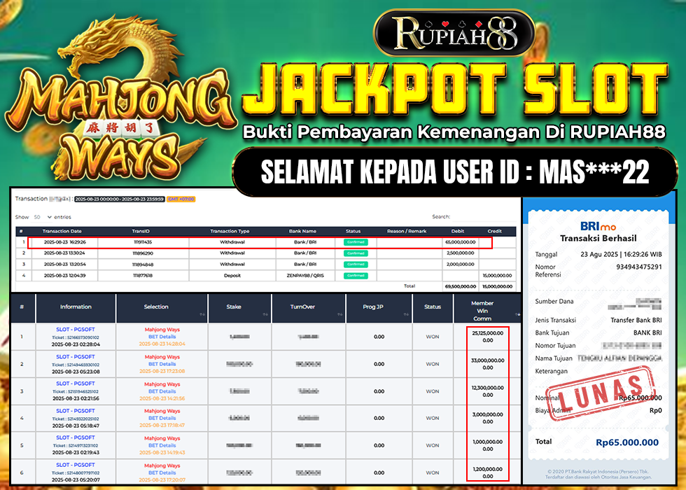 RUPIAH88 JACKPOT SLOT MAHJONG WAYS Rp.65.000.000,- LUNAS