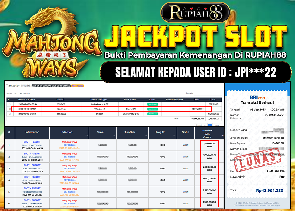 RUPIAH88 JACKPOT SLOT MAHJONG WAYS Rp.42.991.230,- LUNAS
