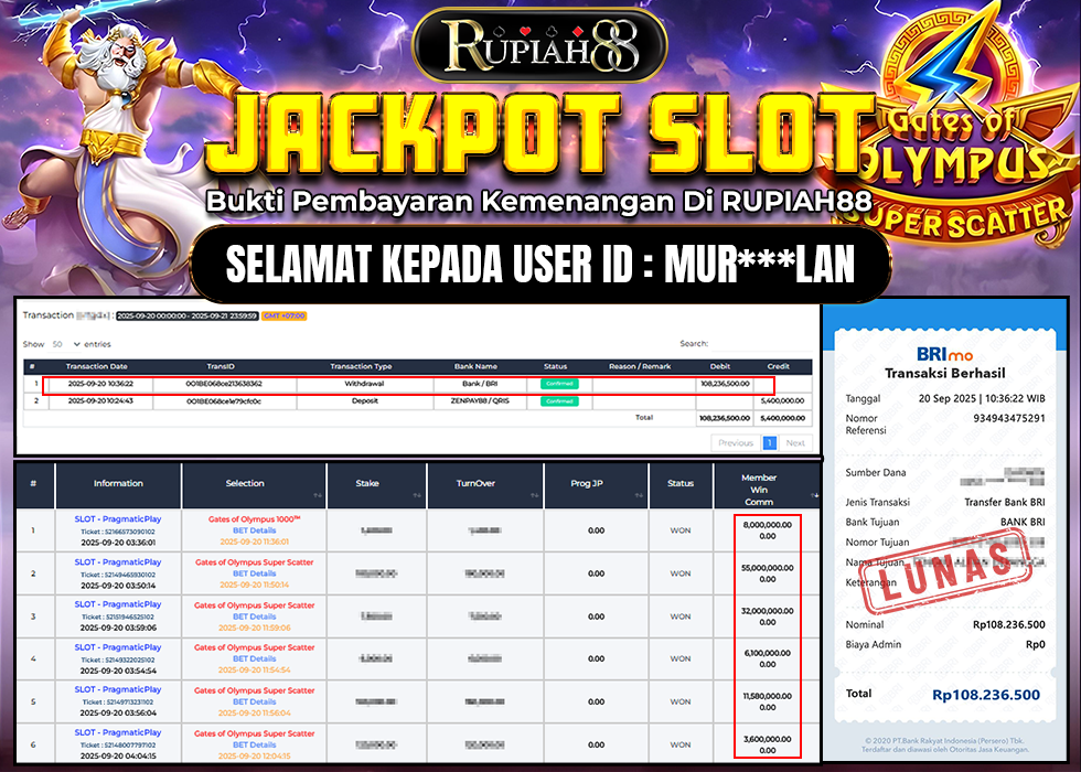 RUPIAH88 JACKPOT SLOT GATES OF OLYMPUS SUPER SCATTER Rp.108.236.500,- LUNAS