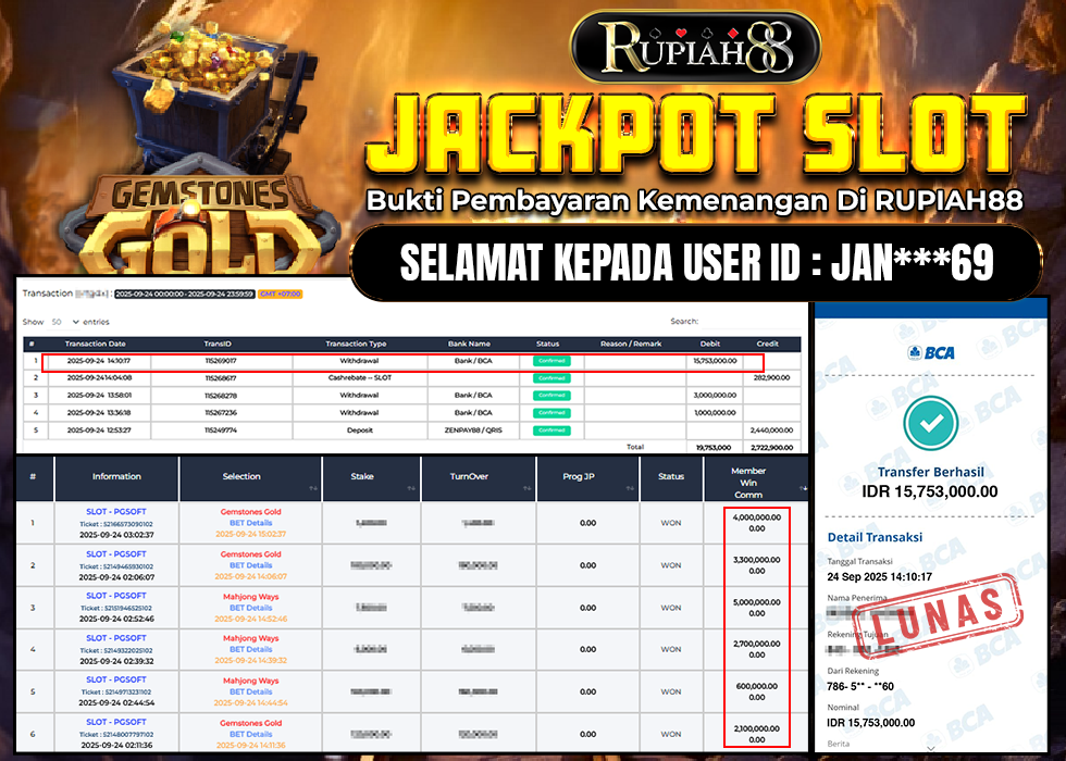 RUPIAH88 JACKPOT SLOT GEMSTONES GOLD Rp.15.753.000,- LUNAS