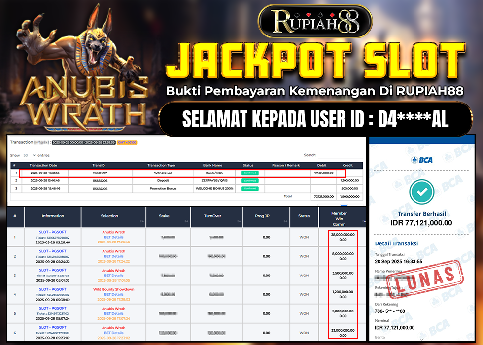 RUPIAH88 JACKPOT SLOT ANUBIS WRATH Rp.77.121.000,- LUNAS