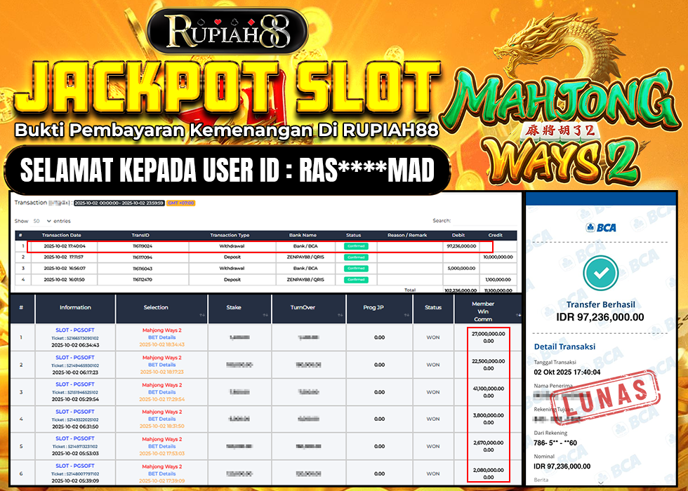 RUPIAH88 JACKPOT SLOT MAHJONG WAYS Rp.97.236.000,- LUNAS