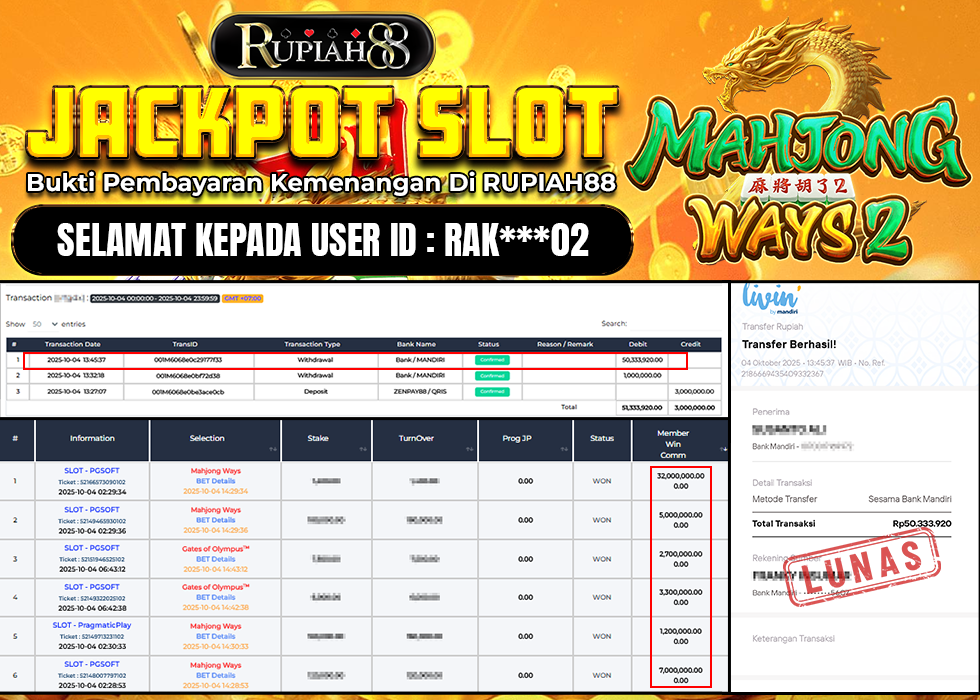 RUPIAH88 JACKPOT SLOT MAHJONG WAYS 2 Rp.50.333.920,- LUNAS