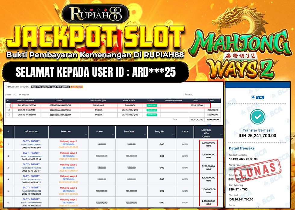 RUPIAH88 JACKPOT SLOT MAHJONG WAYS 2 Rp.26.241.700,- LUNAS